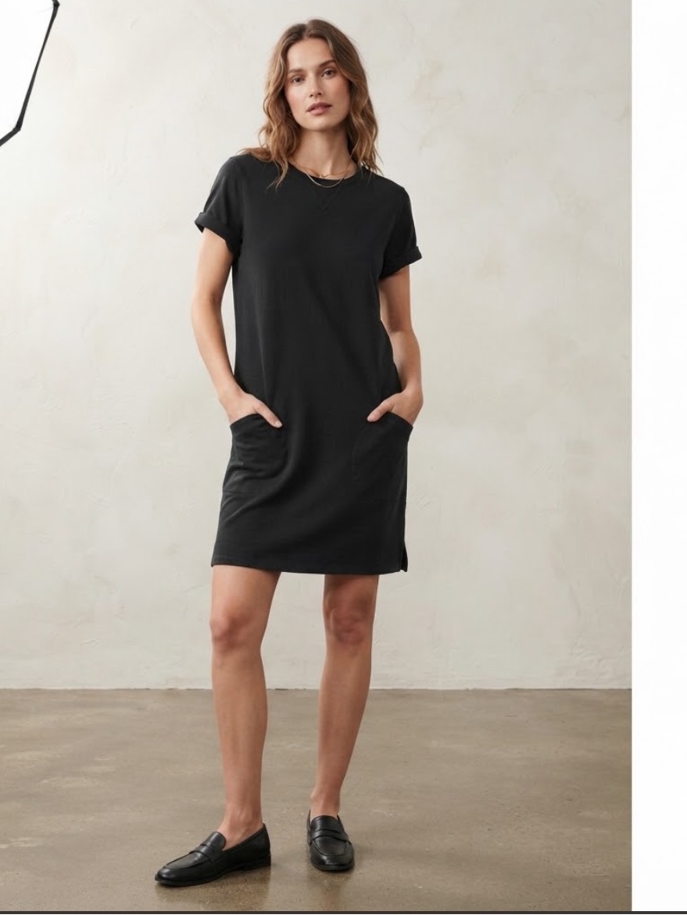 Athleta Black Sweatshirt Dress Medium M 100% Cotton Short Sleeve Pockets Casual